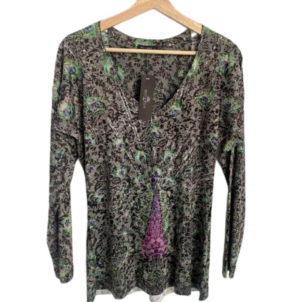 Nally & Millie Long Sleeve Peacock Floral Print with Gems T-shirt Size L